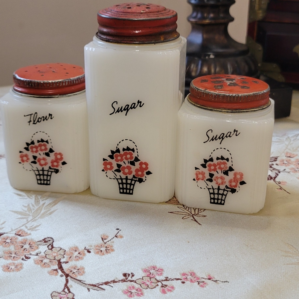 Vintage Floral Kitchen Condiment Set - White and Red Milk Glass